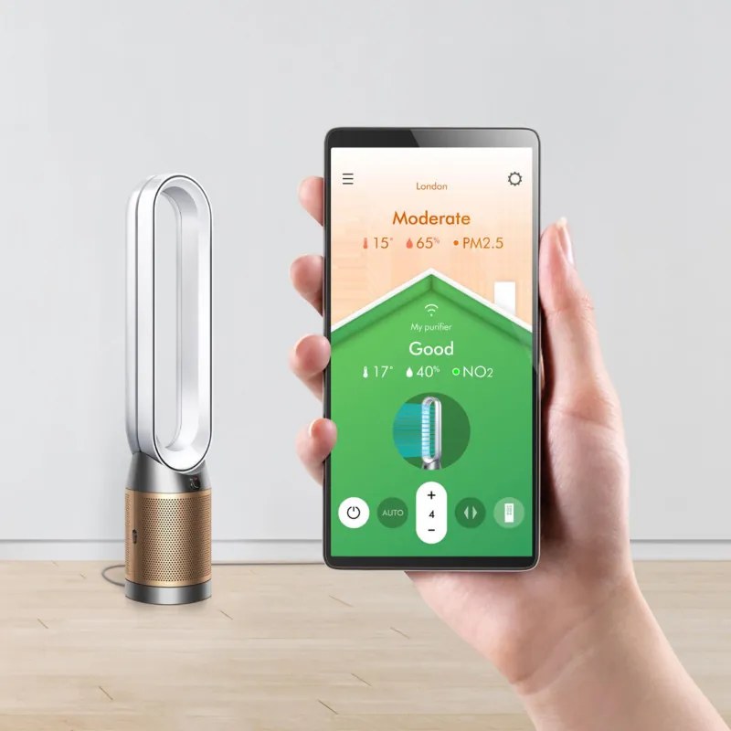 Purificator si racitor de aer Dyson PC2 De-NOx TP12 Wh/Gd, 40W, 40 m², 10 viteze, Oscilatie, HEPA, MyDyson™, Wi-Fi, LCD, Control vocal, Mod automat, Alb/Auriu