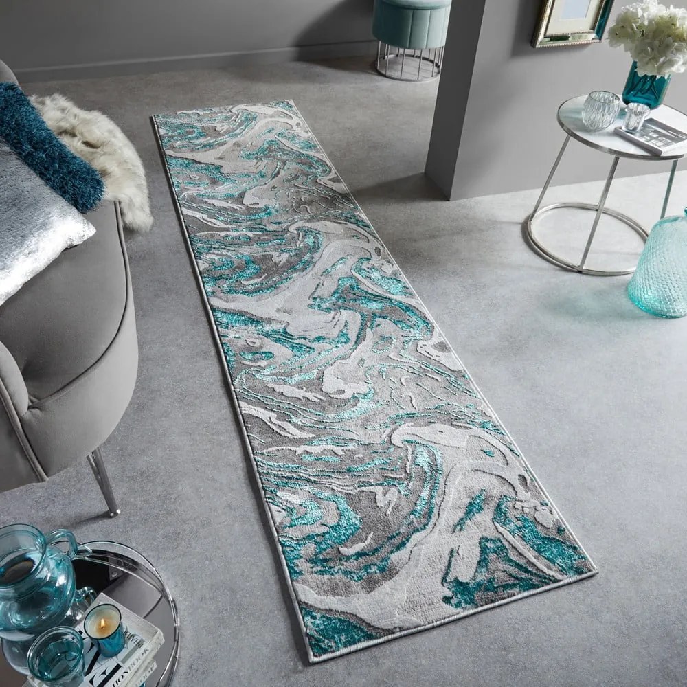 Covor tip traversă gri/turcoaz 60x230 cm Marbled – Flair Rugs