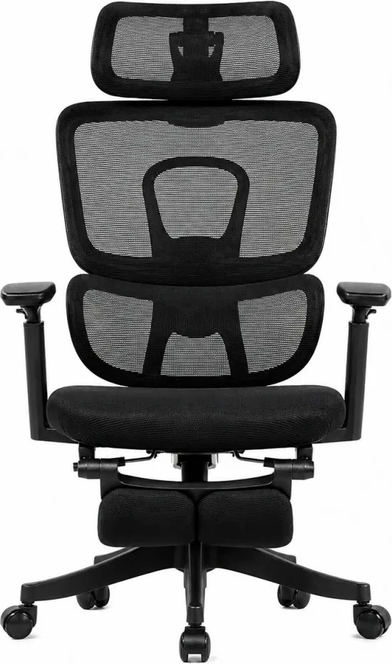 Scaun Ergonomic Premium cu Suport pentru Picioare, Reclinare 145°, Tetieră Reglabilă, Cotiere 3D, Suport Lombar Elastic și Șezut cu adâncime reglabilă, Negru