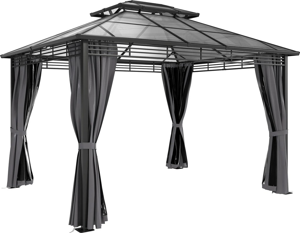 Outsunny Pavilion de grădină ca. 3,6x3m Pavilion din aluminiu cu dublu acoperiș din policarbonat de 6 mm, plasă de țânțari, 4 părți laterale, gri închis | Aosom Romania