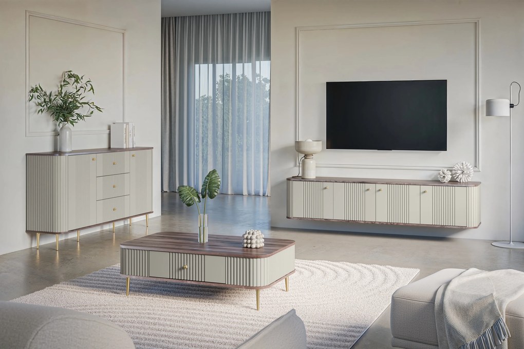 Comodă TV suspendată Vesper 4D 187 cm - cașmir / nuc / mânere aurii