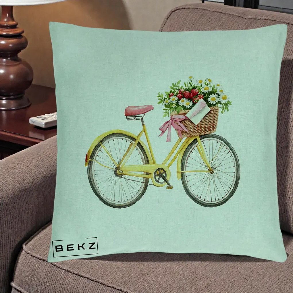 Perna Decorativa Bicicleta Galbena cu Cos de Flori Primavara, 40x40 cm, Verde Menta, Husa Detasabila, Perna Inclusa, BEKZ®