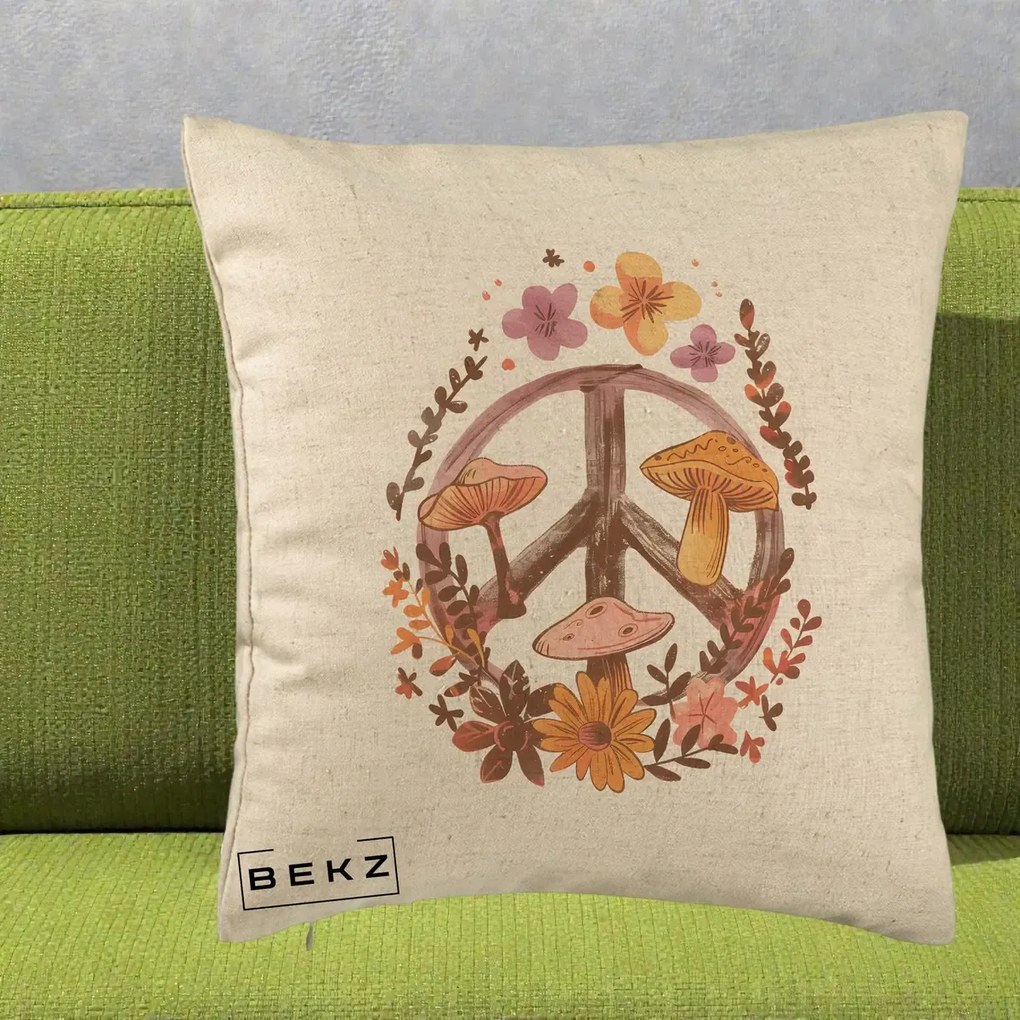 Perna Decorativa Peace Sign Ciuperci Floral, 40x40 cm, Bej, Husa Detasabila, Perna Inclusa, BEKZ®