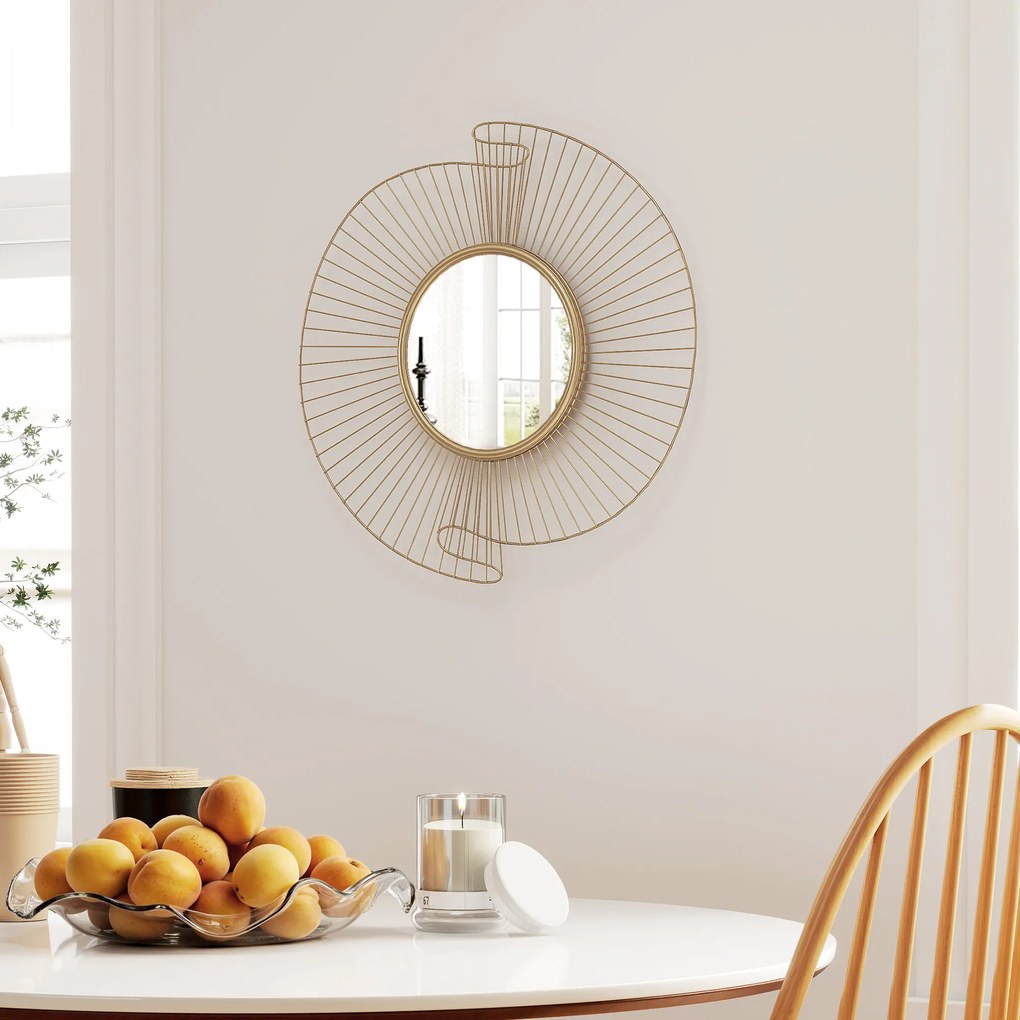 HOMCOM Oglindă Decorativă de Perete Rotundă, Design Modern cu Benzi Metalice și Ramă Plisată, Pentru Sufragerie, Dormitor și Hol, 60x60 cm, Auriu | Aosom Romania