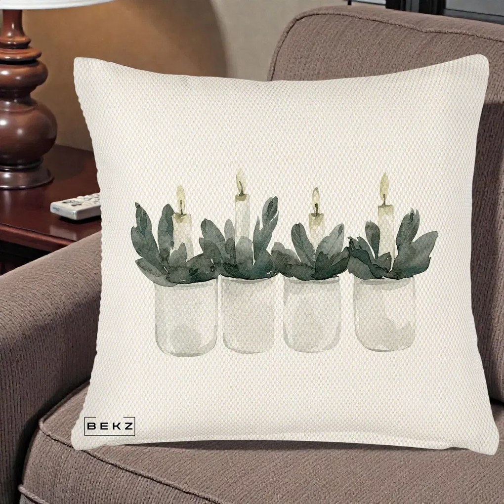 Perna Decorativa Lumanari in Borcane cu Eucalipt, 40x40 cm, Crem Reliefat, Husa Detasabila, Perna Inclusa, BEKZ®