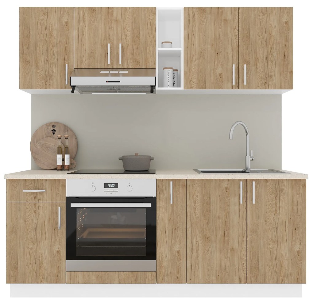 Set Bucatarie Karo V11, Lemn Natural/Alb, Blat Thermo 28 mm, L 200 cm