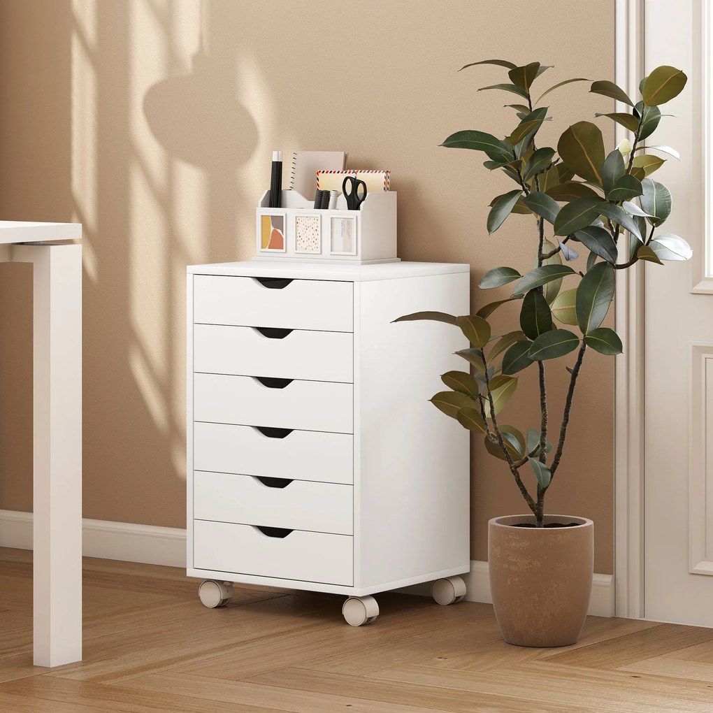 HOMCOM Sertar de Birou cu 6 Sertare Soft Close, 4 Roți, Sertar de Birou pentru Scrisori/Format A4, Dulap Vertical pentru Studio Imprimantă, 40x35x63 cm, Alb | Aosom Romania