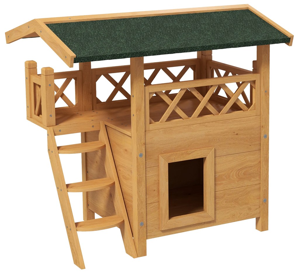 PawHut Maison lodge pentru pisici sălbatice rătăcitoare cu terasă scară 77 x 50 x 73 cm lemn natural și verde | Aosom Romania
