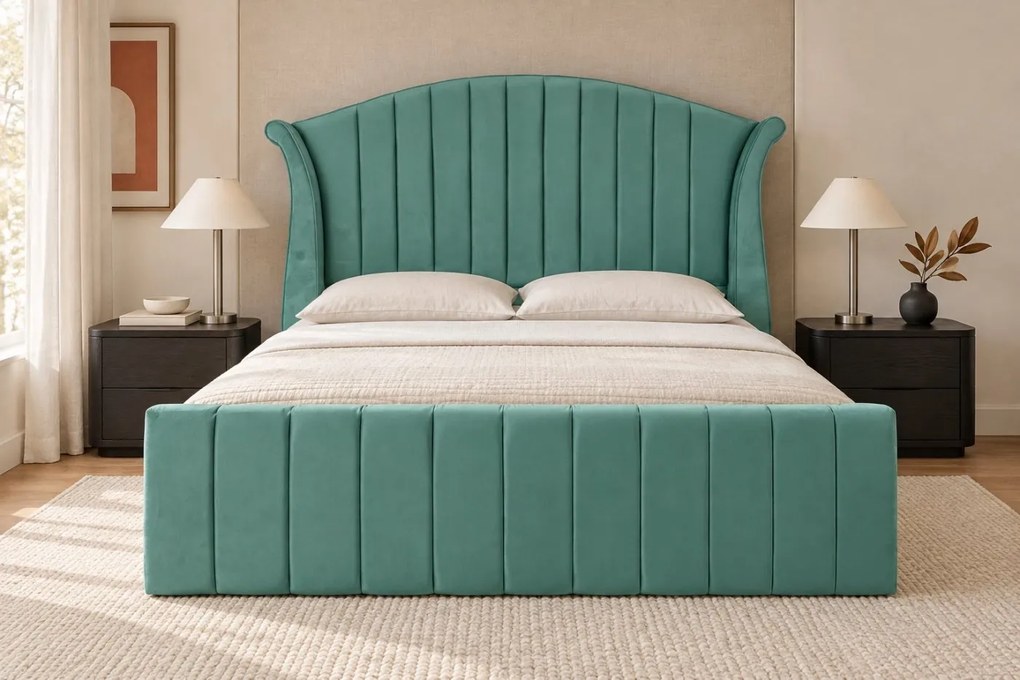 Pat tapițat din catifea Sorella Simple Line 180×200 cm, verde marin, cu ladă de depozitare