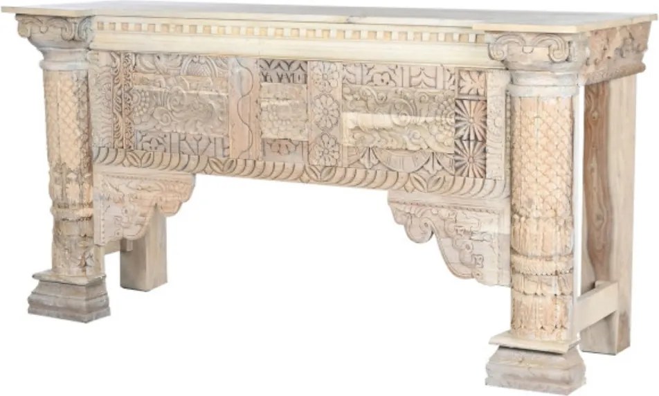 Consolă hol sculptată din lemn de mango, natur, cu coloane, friză cu dentili și panouri cu rozete, 91 x 182 x 54 cm, „Emperia”