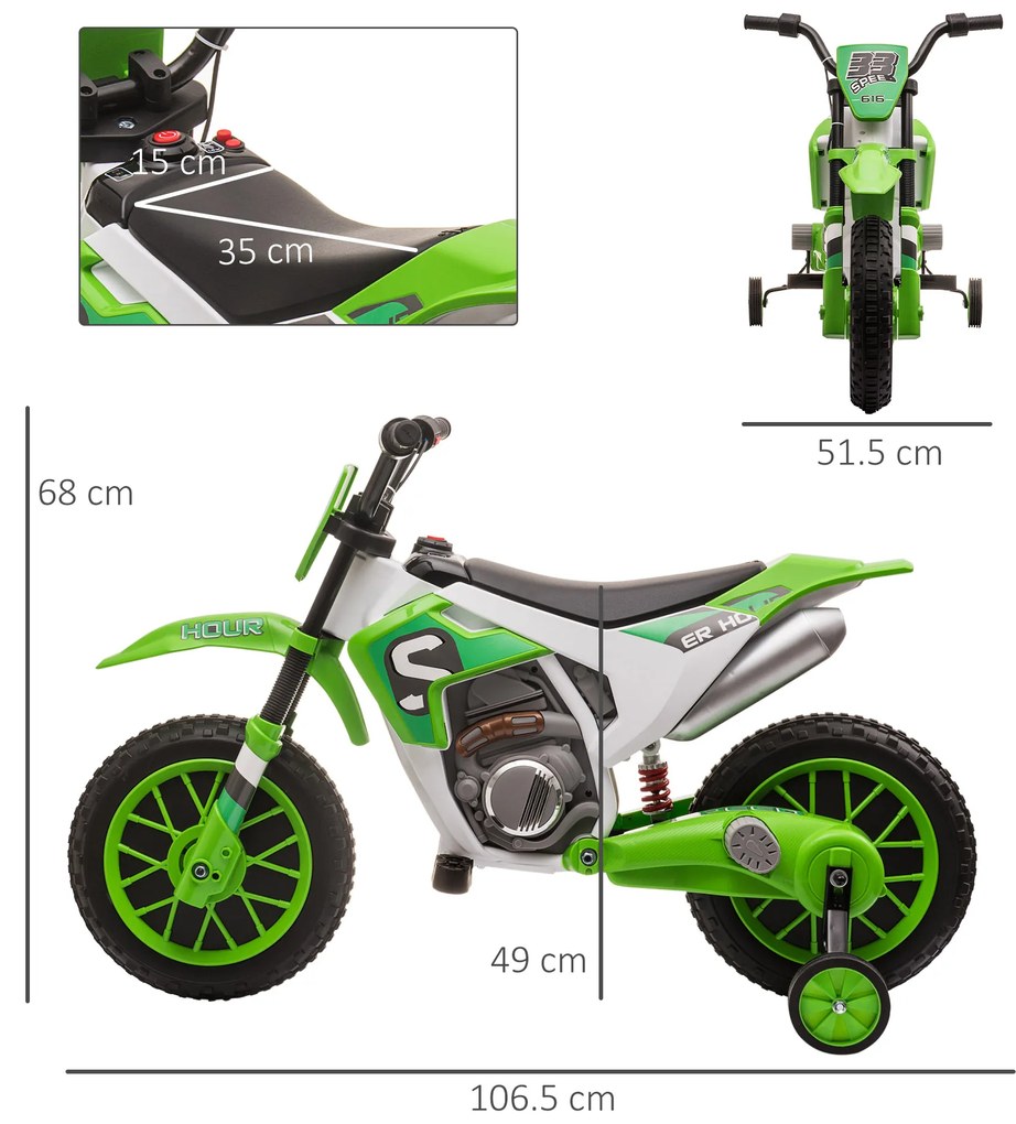 Motocicleta de Cros Electrica HOMCOM pentru Copii de 3-5 ani, Baterie 12V Reincarcabila 106,5x51,5x68cm, Verde | Aosom Romania