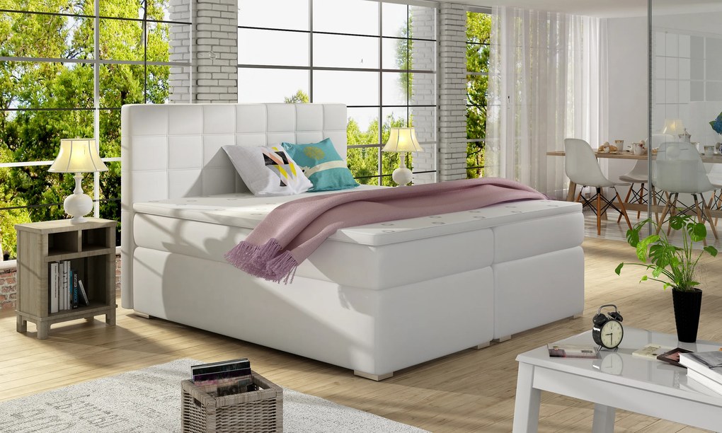 Pat matrimonial Boxspring 140 cm Abbie (alb) (cu saltele). 1027410