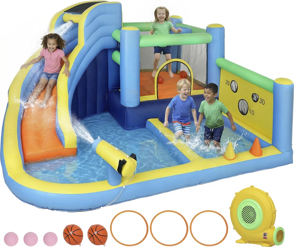 AIYAPLAY Castel gonflabil cu suflător 8 în 1, parc acvatic, tobogan, trambulină, piscină de mingi, Oxford, multicolor | Aosom Romania