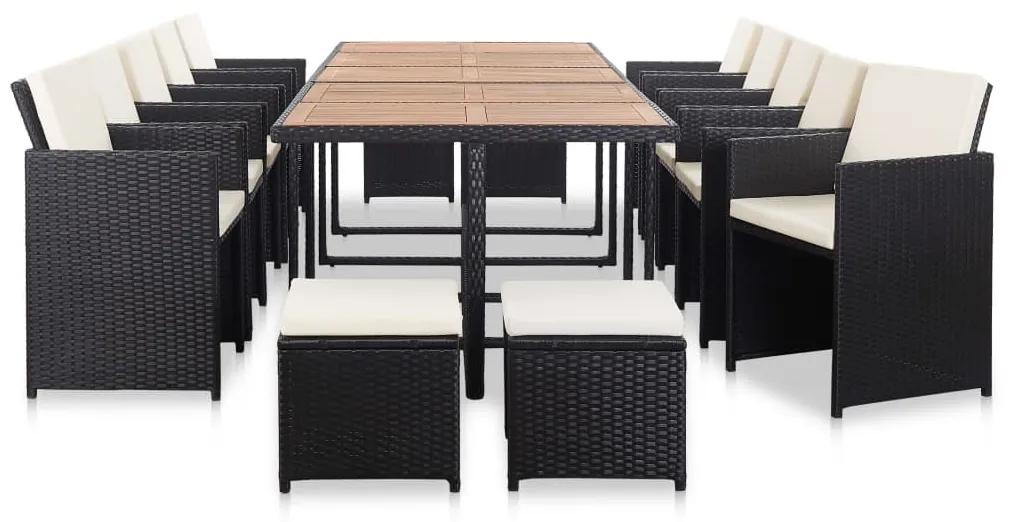 Set mobilier de exterior cu perne, 15 piese, negru, poliratan Negru si alb crem, 15, Da, 10x fotoliu + 4x suport pentru picioare + masa