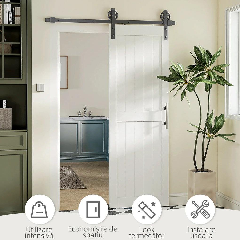 HOMCOM Ușă glisantă în stil rustic din lemn și oțel, Alb și Negru | Aosom Romania