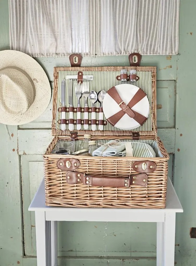 Coș de picnic mare din răchită împletită cu căptușeală în dungi verzi, pentru 4 persoane, „Vendela Large Green"