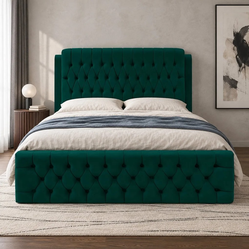 Pat tapițat din catifea Aveline 160×200 cm, verde, cu ladă de depozitare