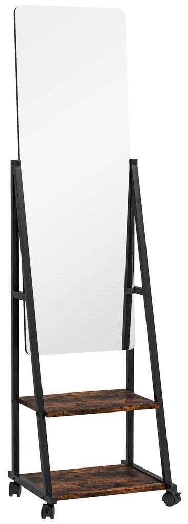 HOMCOM Oglindă pe picior rectangulară oglindă de sol cu unghi reglabil 2 rafturi 4 roți negru și maro rustic | Aosom Romania