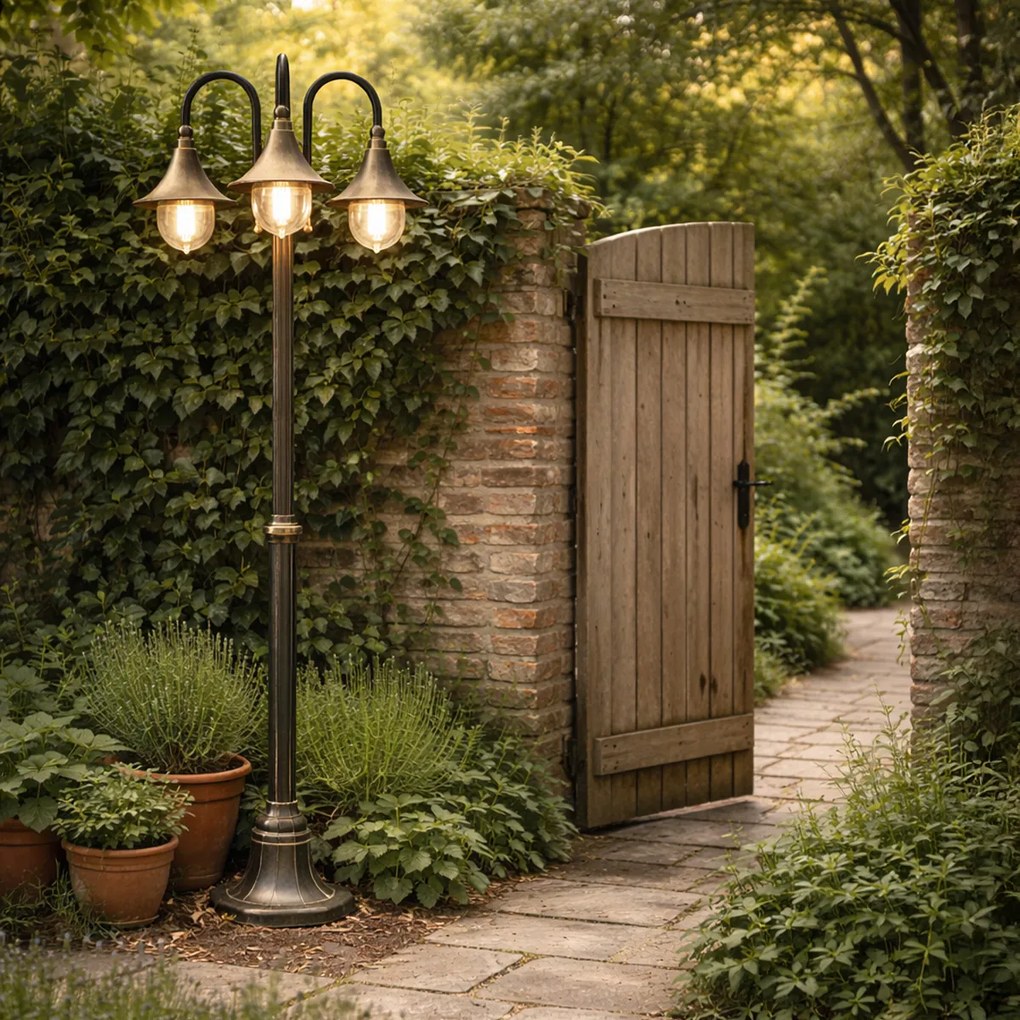 Felinar clasic de exterior negru cu auriu antic 200cm 3 lumini IP44 - Daphne