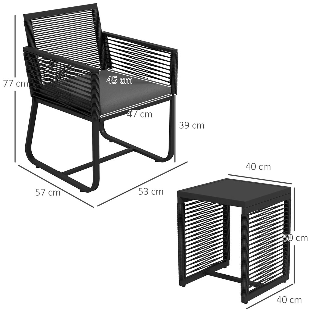 Outsunny Set de Mobilier de Grădină din 3 Piese din Ratan, Set cu Masă din Sticlă Securizată și Perne Moi, 53x57x77 cm, Negru | Aosom Romania