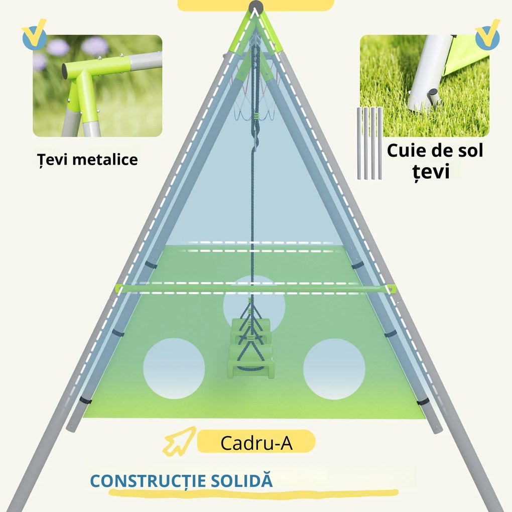 AIYAPLAY Leagăn de Grădină 3 în 1 pentru Copii 3-8 Ani cu Coș de Baschet și Poartă de Fotbal, 238x180x182 cm, Verde | Aosom Romania