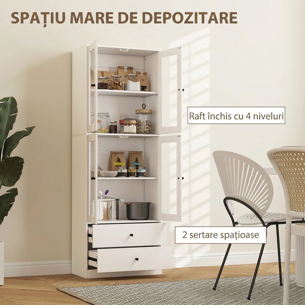 HOMCOM Vitrină Înaltă de Bucătărie 170 cm, 4 Uși din Sticlă, 2 Sertare, Polițe Reglabile, pentru Dining și Living, Alb | Aosom Romania