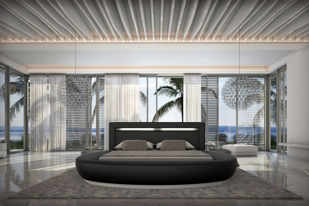 Pat rotund 140x200 cm LED piele artificială neagră