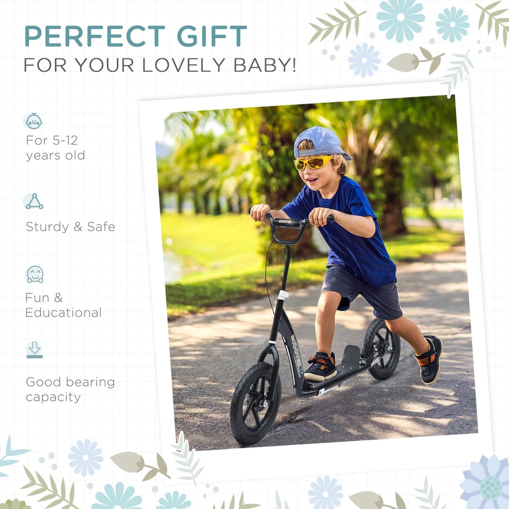 HOMCOM, trotinetă copii, pneuri 30 cm, ghidon reglabil, frână, suport lateral, oțel, pentru copii 5+ ani, negru | Aosom Romania