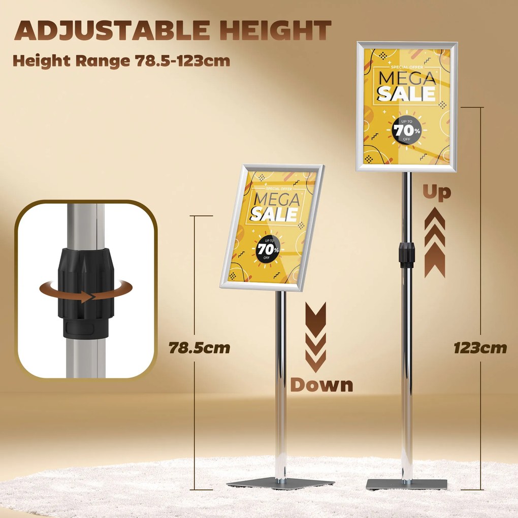 HOMCOM Suport Poster A3, Expozitor Publicitar de Podea cu Înălțime și Înclinare Reglabile, 40x30x129-135 cm, Argintiu | Aosom Romania