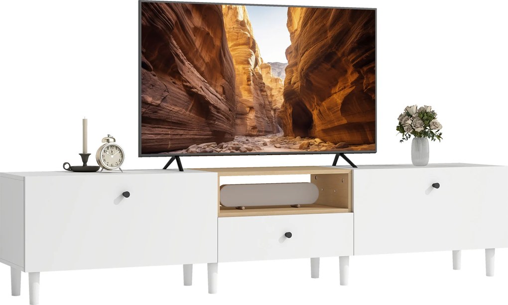 HOMCOM Comodă TV 200 cm pentru televizoare până la 228,6 cm, 2 compartimente rabatabile, spațiu deschis, sertar, 8 picioare, placă aglomerată, alb | Aosom Romania