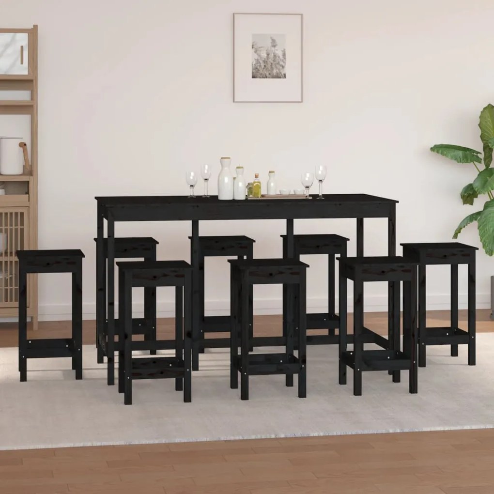 Set mobilier de bar, 9 piese, negru, lemn masiv de pin