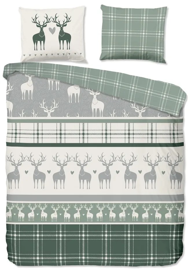 Lenjerie de pat verde/crem din flanelă pentru pat dublu/extinsă 200x220 cm Bjirk – Good Morning