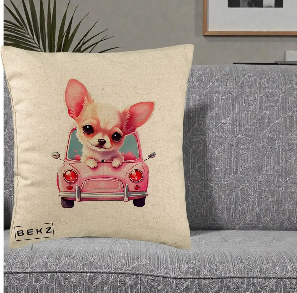 Perna Decorativa Chihuahua Roz in Masinuta, 40x40 cm, Bej, Husa Detasabila, Perna Inclusa, BEKZ®