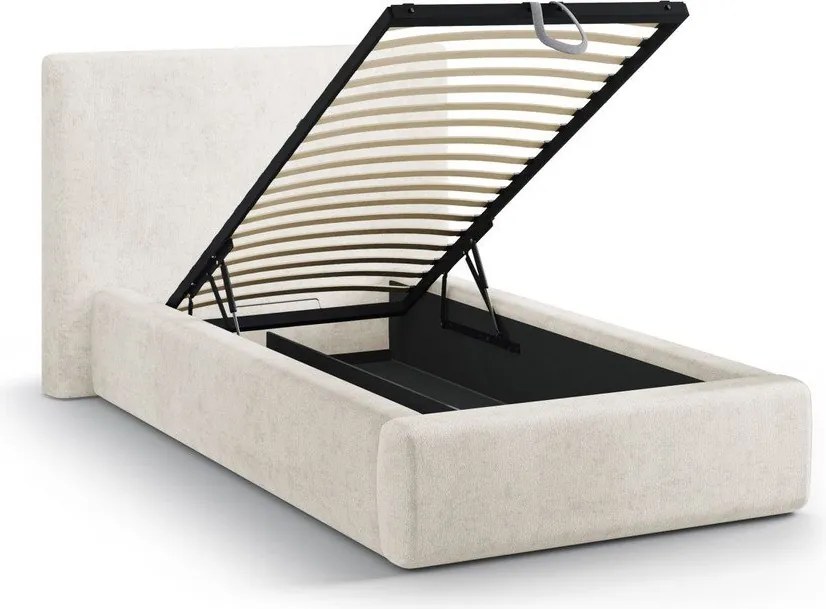 Pat crem tapițat cu spațiu de depozitare cu somieră 90x200 cm Amy – Micadoni