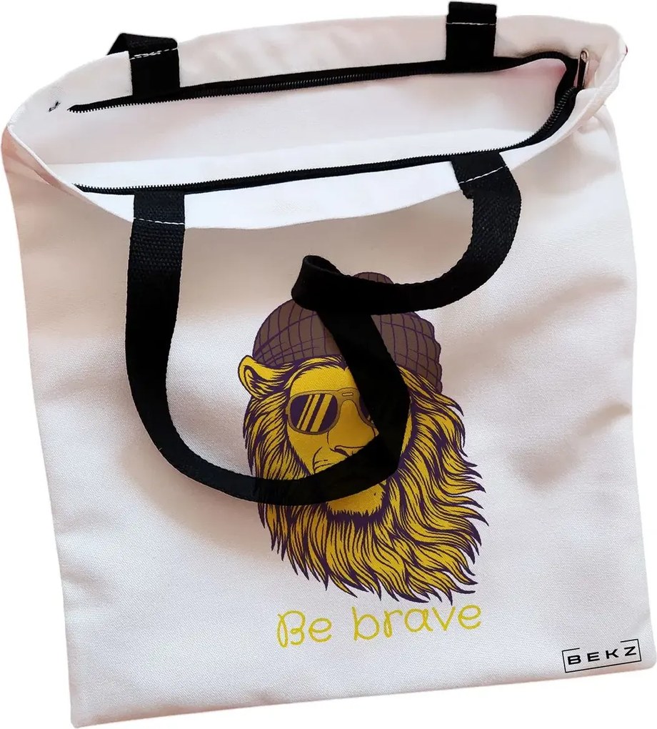 Sacosa de Panza pentru Cumparaturi, Geanta Tote, model Be Brave, Cu fermoar, 38x34.5 cm, Alba, BEKZ®