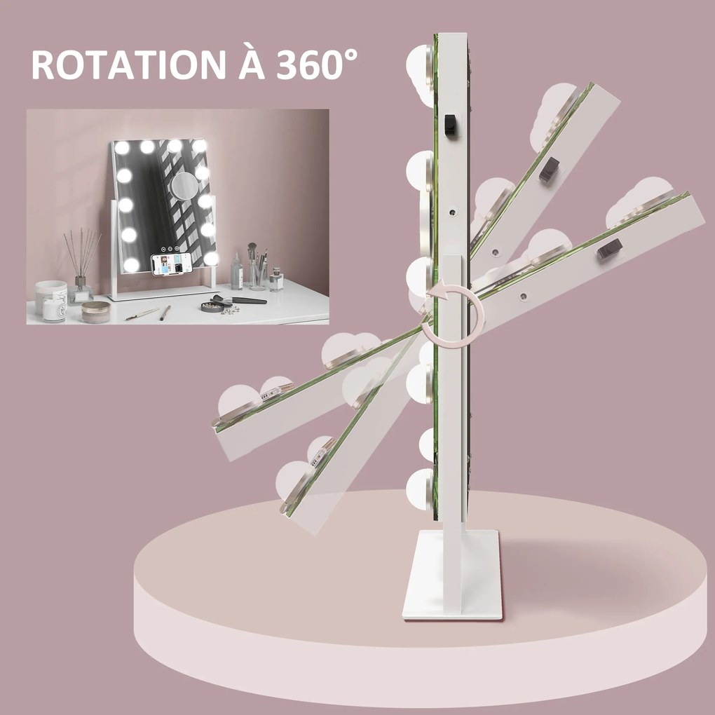 HOMCOM Oglindă Hollywood cu 12 becuri LED, luminos reglabil, rotație la 360°, magnificare 10X, atingere tactilă, alb | Aosom Romania