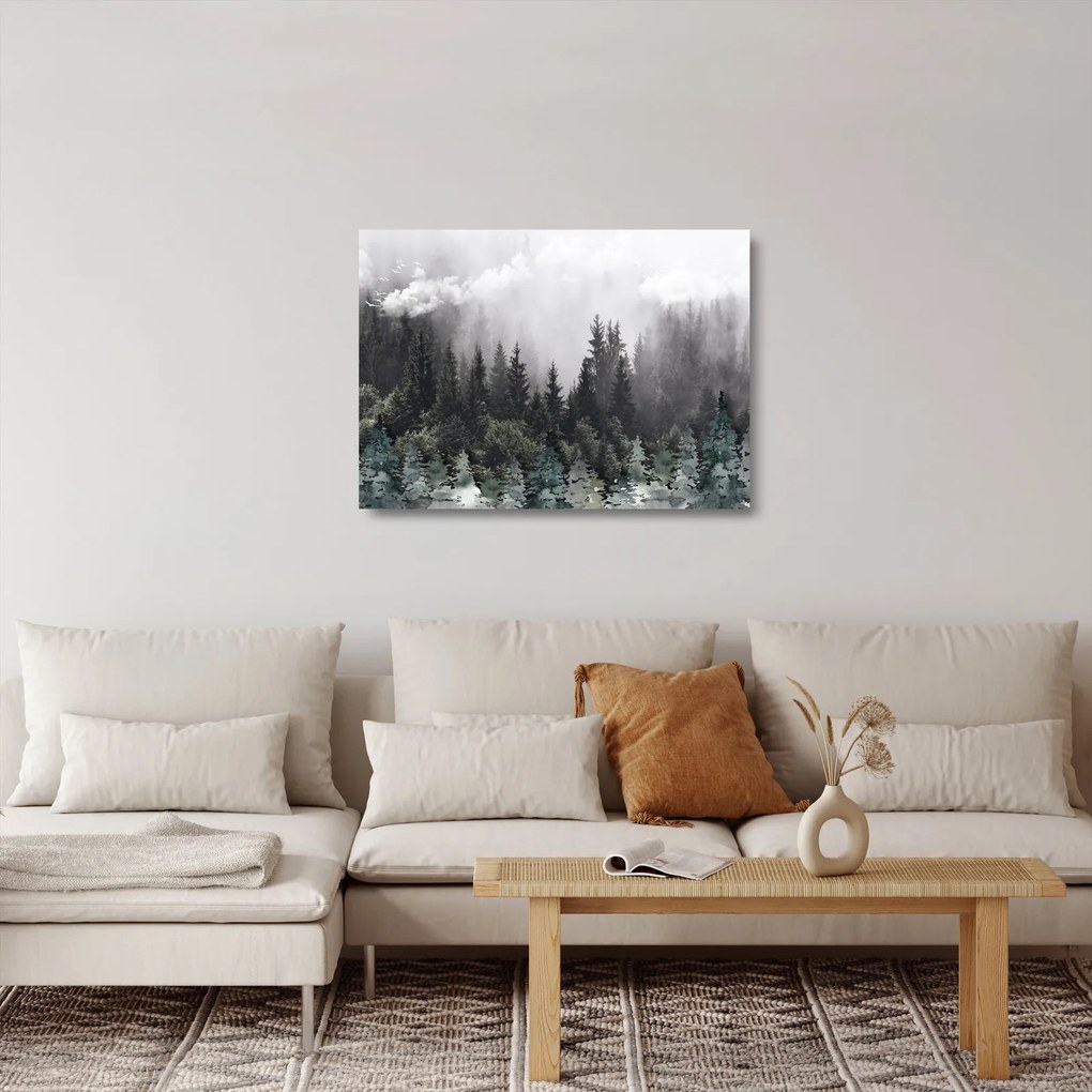 Tablou pe sticlă - Pădure cu elemente ilustrate (70x50 cm)