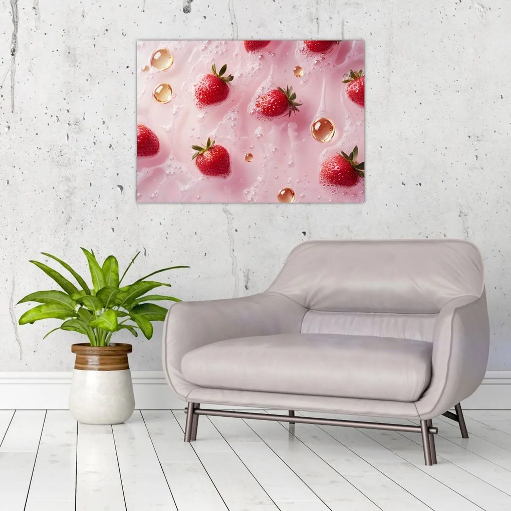 Tablou pe sticlă - Căpșuni în bule (70x50 cm)