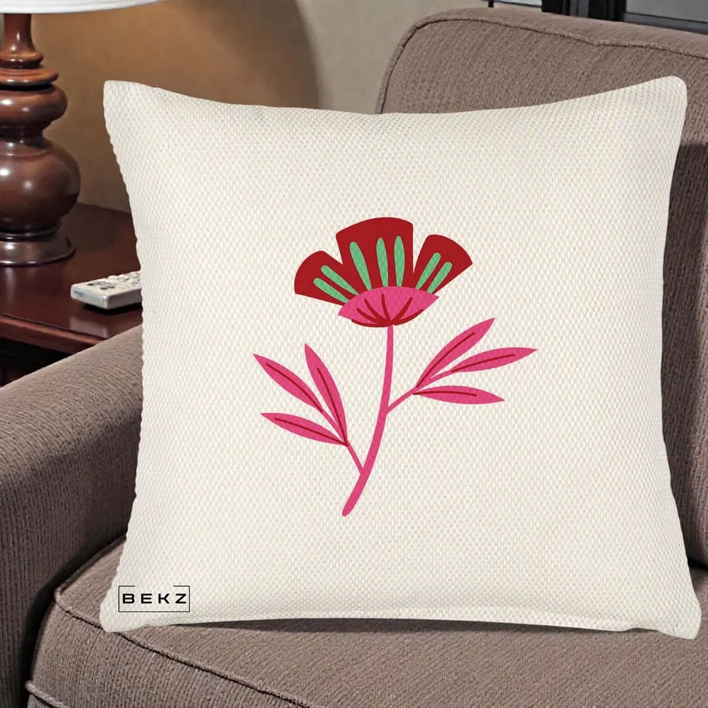 Perna Decorativa Floare Macul Roz-Rosu Grafic, 40x40 cm, Crem Reliefat, Husa Detasabila, Perna Inclusa, BEKZ®
