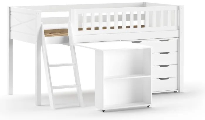 Set pat semi-supraetajat pentru copii SCOTT, alb, 90 x 200 cm, pin scandinav masiv, cu scară, birou glisant și comodă cu 3 sertare – Vipack