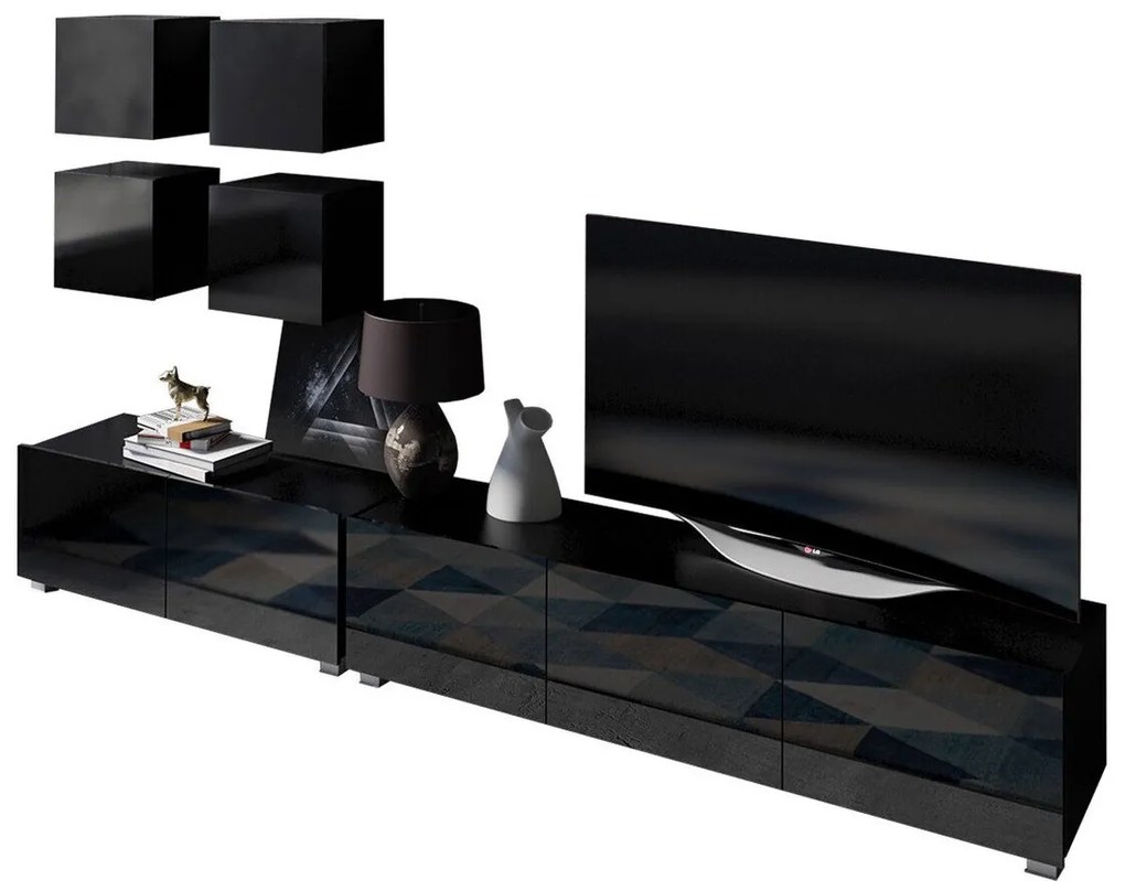 Camera de zi Providence B130Negru lucios, Negru, Cu componente suplimentare, Părți separate, Cu comodă tv, PAL laminat, 250x43cm, 62 kg