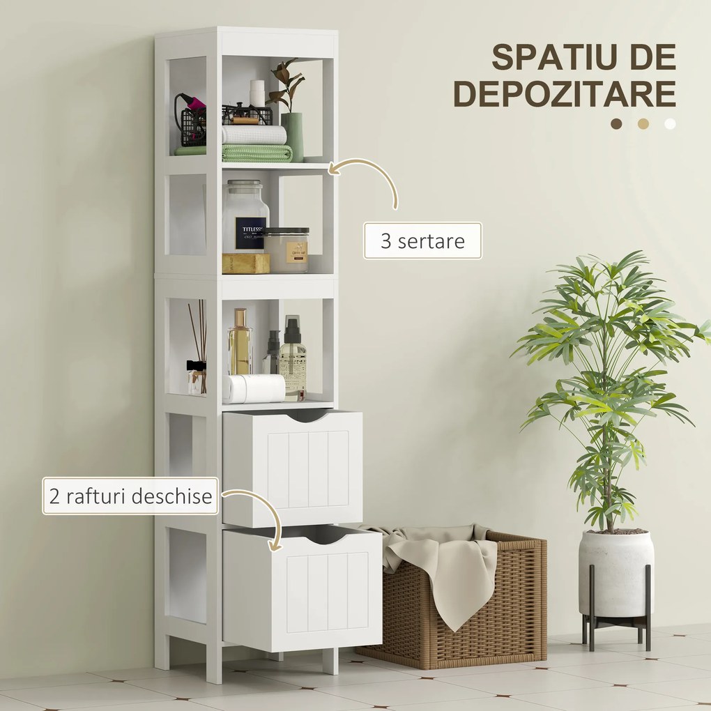 HOMCOM Mobilier de Baie cu 3 Rafturi Deschise și 2 Sertare, 30x30x141.2 cm, Alb | Aosom Romania