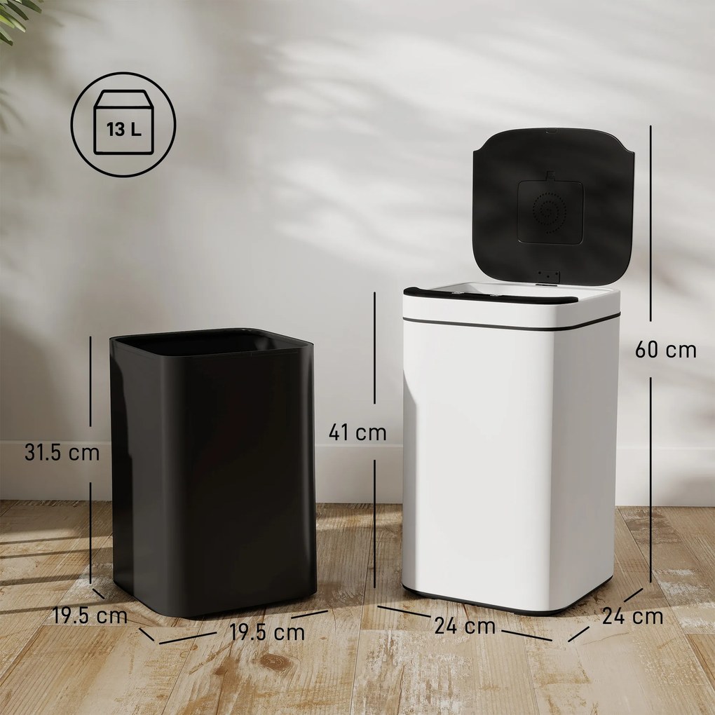 HOMCOM Coș de Gunoi de 13L cu Senzor și Spațiu pentru Deodorante, Coș din Oțel Galvanizat și PP, 24x24x41 cm, Alb și Negru | Aosom Romania