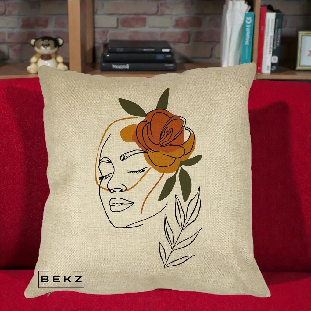 Perna Decorativa Portret Feminin Trandafir Ruginiu, 40x40 cm, Crem, Husa Detasabila, Perna Inclusa, BEKZ®