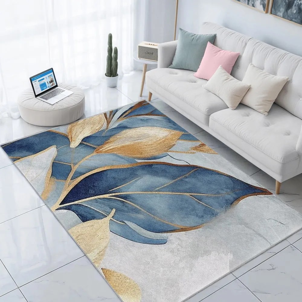 Covor albastru/auriu lavabil 80x150 cm Golden Leaves – Mila Home