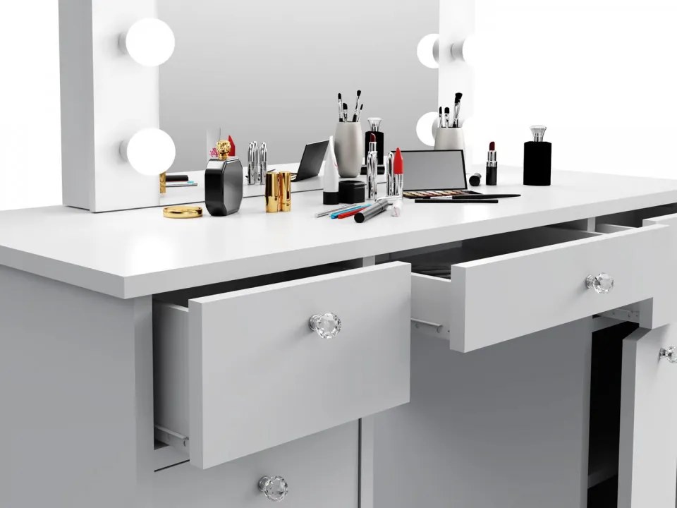 Masuta machiaj cu Oglinda LED si 3 Sertare pentru Cosmetice, Set Masa toaleta 120 cm, Alb, masuta cosmetica, vanity - SEA537