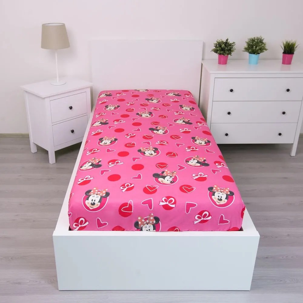 Cearceaf pentru copii roz din bumbac cu elastic 90x200 cm Minnie "Hearts" – Jerry Fabrics