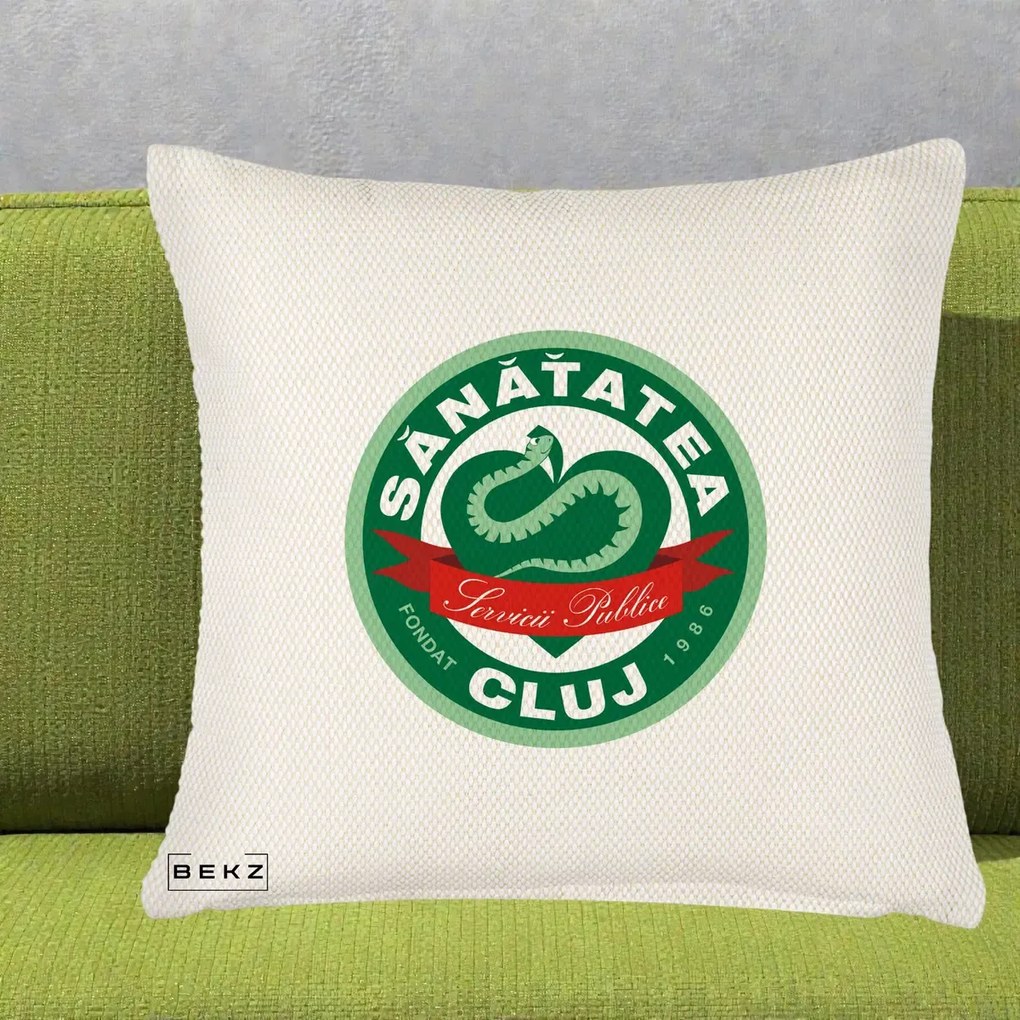 Perna Personalizata Sanatatea Cluj Servicii Publice 1986, 40x40 cm, Crem Reliefat, Husa Detasabila, Perna Inclusa, BEKZ®