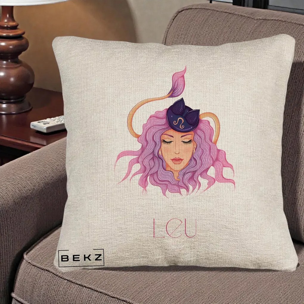 Perna Personalizata Zodie Leu, 40x40 cm, Bej Canapea, Husa Detasabila, Perna Inclusa, BEKZ®