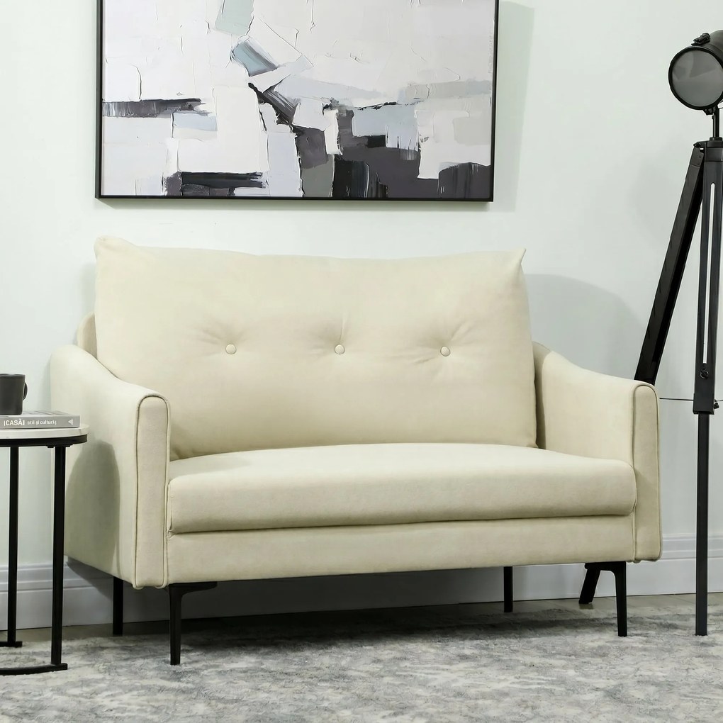 HOMCOM Canapea cu 2 Locuri din Catifea cu Spătar Matlasat și Pernă Detașabilă, Canapea Compactă Modernă cu Picioare din Metal pentru Sufragerie, 124x73x92 cm, Crem | Aosom Romania